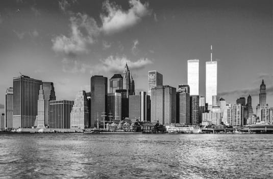 New York, USA - September 30, 1996: view to Lower mahattan and  World Trade Center  in New York City, America.  the WTC was destroyed by 911 from terrorists.