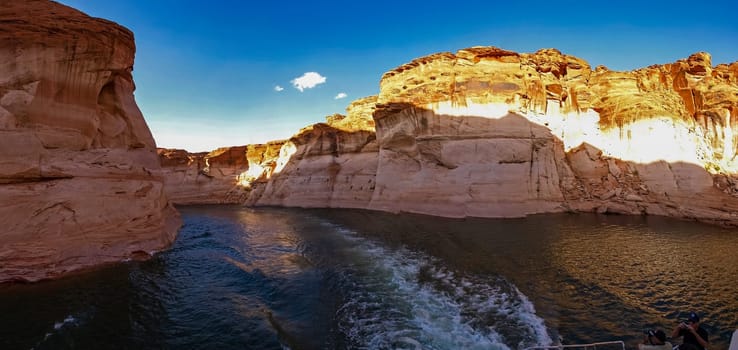Lake Powell is based on Colorado River with a great view on the canyoon. Beautiful canyon and lonely rocks on the Lake Powell, Utah.