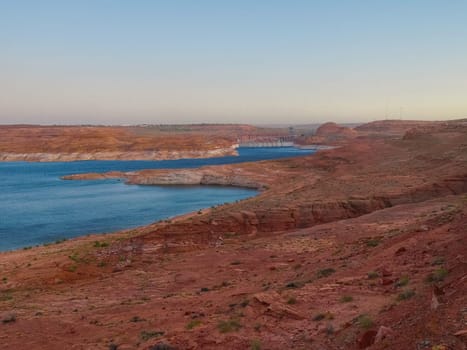 Lake Powell is based on Colorado River with a great view on the canyoon. Beautiful canyon and lonely rocks on the Lake Powell, Utah.