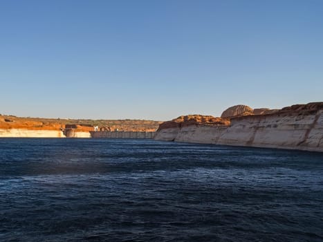 Lake Powell is based on Colorado River with a great view on the canyoon. Beautiful canyon and lonely rocks on the Lake Powell, Utah.