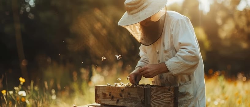 A beekeeper works amidst a warm golden sunset, tending to a beehive with precision. The backlight from the sun casts a serene glow over the scene, highlighting the delicate dance of bees in the air