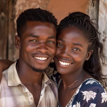 A Haitian couple stands close in a tropical locale, their serene expressions a testament to their peaceful surroundings