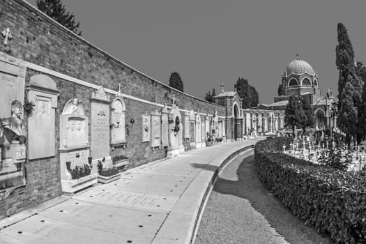 Venice, Italy -April 10, 2007: gravestones at cemetery island of San Michele in Venice, Italy. San Michele is since centuries the most important cemetery of Venice.