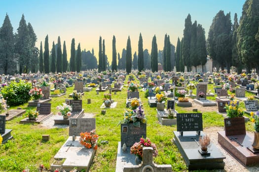 VENICE - ITALY, APR 4, 2007: gravestones at cemetry island of San Michele in Venice, Italy. San Michele is sice centuries the most important cemetery of Venice.