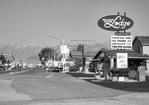 Bridgeport, USA - June 27, 2008: view to Walker river lodge in Bridgeport in late afternoon with mai nroad i scenic light.