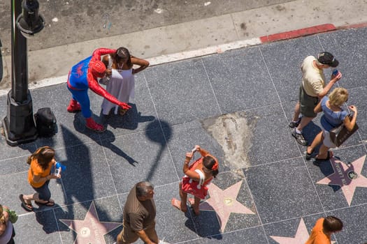 Los Angeles, USA - July 5, 2008: people in costumes like spiderman offer a picture with tourists for a tip in Hollywood at the walk of fame.