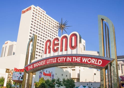 Reno, USA - June 27, 2008: March 25, 2018: View of the Reno arch and the downtown street where it is placed on a sunny day
