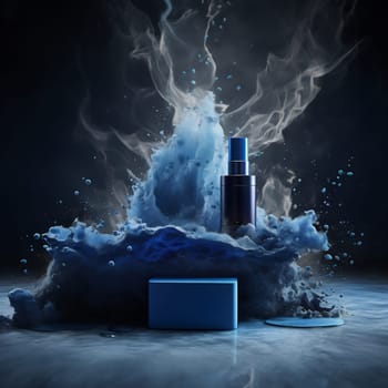 Moody beauty packaging with blue smoke swirling in a dark, mysterious atmosphere
