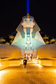 Las Vegas, USA - July 17, 2008:  Hotel Luxor with sphinx and gambling place on the Las Vegas Strip in the late afternoon in neon light in Las Vegas, USA.