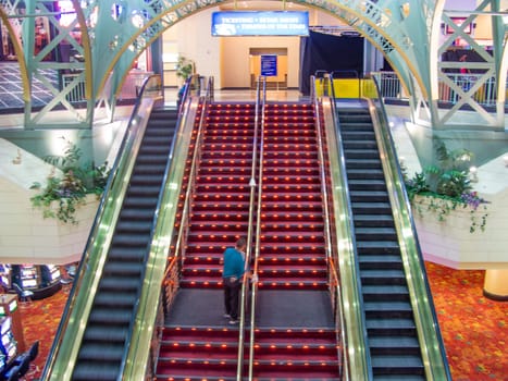 Las Vegas, USA - July 17, 2008: view of interior decoration with moving staircase in the casino Stratosphere in Las Vegas, USA.