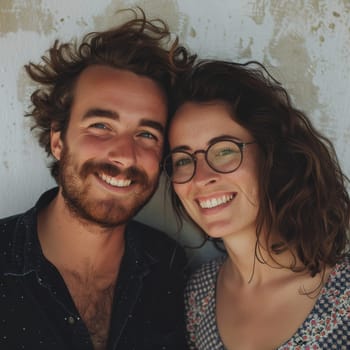 A casual yet fashionable French couple embraces in a soft-lit room, sharing a connection that's both relaxed and intimate