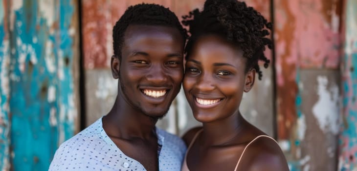 A Haitian couple enjoys a moment against an artful urban backdrop, their smiles reflecting the vibrancy of city life