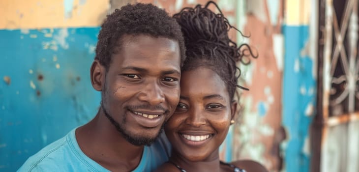 A Haitian couple enjoys a moment against an artful urban backdrop, their smiles reflecting the vibrancy of city life