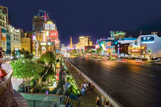 Las Vegas, USA - July 17, 2008: view to the Strip in Las Vegas at night. The Strip is the gamblers mile in Las Vegas with lots of casinos and hotels.