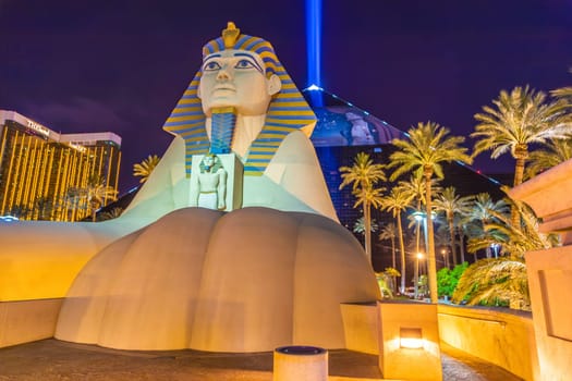 Las Vegas, USA - July 17, 2008:  Hotel Luxor with sphinx and gambling place on the Las Vegas Strip in the late afternoon in neon light in Las Vegas, USA.