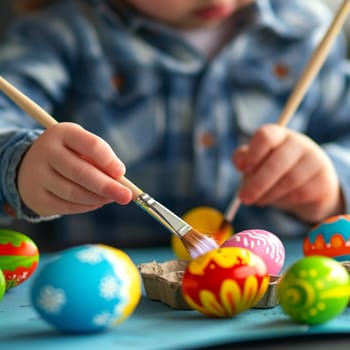 A child's hand paints colorful Easter eggs with a brush. Holiday traditions, creativity, spring art, handmade decorations, family fun