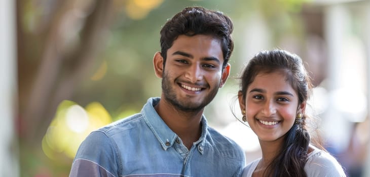 A young Indian couple shares a candid moment, their smiles bright and carefree against a softly blurred natural background