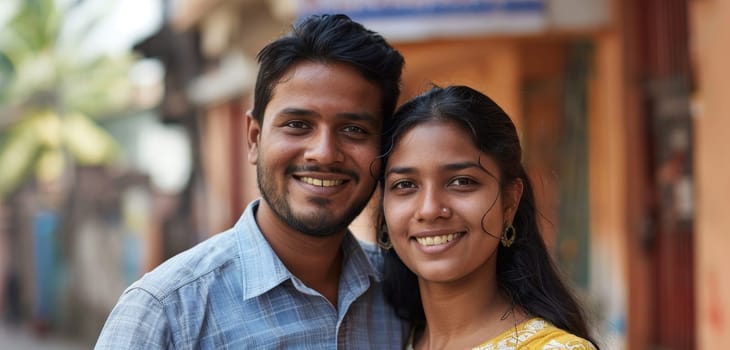 A casual couple shares a happy moment on a city street, their relaxed demeanors complemented by traditional Indian elements in their attire