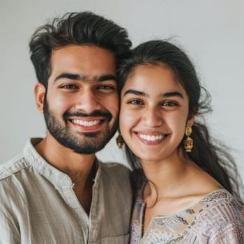 Radiating elegance, a young couple poses in modern Indian attire, blending traditional elements with a contemporary style. Their coordinated outfits and smiles convey harmony and modernity