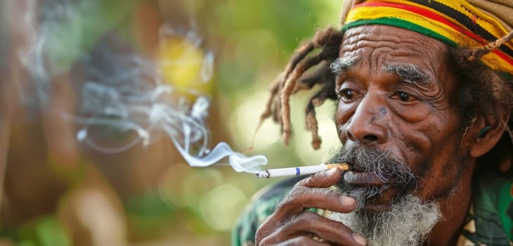 The serene gaze of a Rastafarian elder, his smoke curling into the air as he sits enveloped by the tranquility of nature