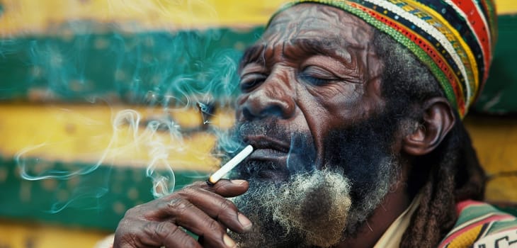 A Rastafarian man enjoys a moment of relaxation, his colorful beanie a symbol of his rich cultural background as he smokes in contemplation