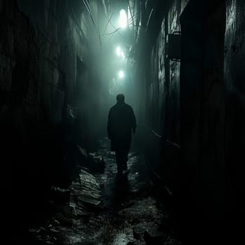 A lonely man walks at night along a dark, damp alley under overhead lighting. Loneliness