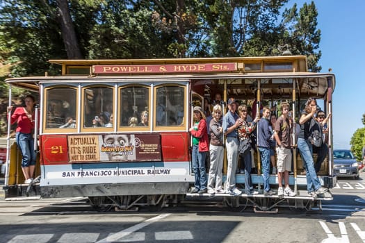 San Francisco, USA - July 23, 2008: :  The Cable Car passes the Powell street in rush hour full of passengers standing also on the footboard  in San Francisco, USA.