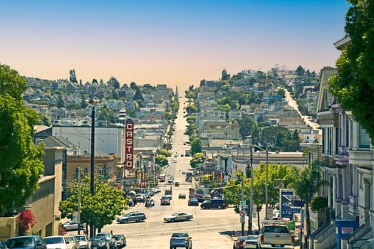 San Francisco, USA - July 23, 2008: view to area Castro in San Francisco with its street and houses along the main road.