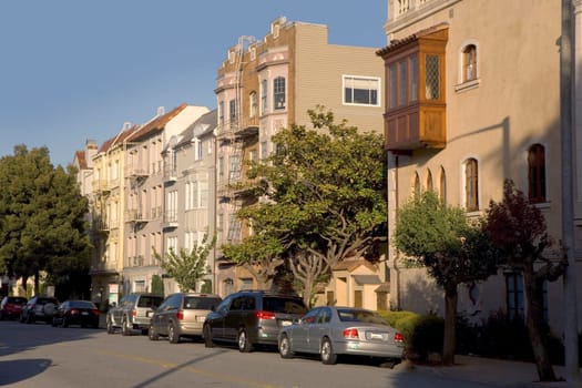 San Francisco, USA - July 23, 2008: beautiful houses in San Francisco at corner Mason street and Marina Boulevard build in the last century.