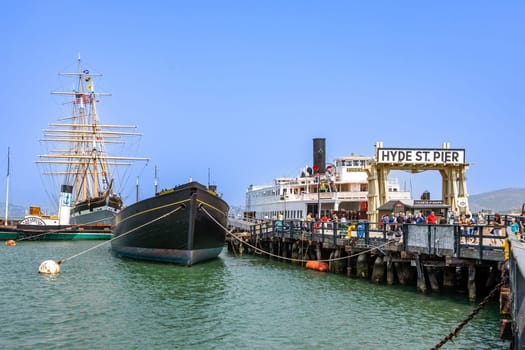 San Francisco, USA - July 25, 2008:  people visit the historic ships at hyde street pier in San Francisco, USA.