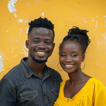 Basked in a yellow glow, a Nigerian couple's shared laughter exemplifies their harmonious bond. The complementary colors of their attire accentuate the joyful atmosphere