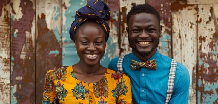 The Nigerian couple's playful energy shines against a rustic backdrop, complemented by their colorful traditional attire. Their coordinated looks speak of a stylish and joyful union