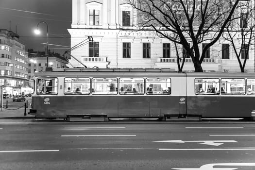 Vienna, Austria - March 23, 2009: streetcar in the first district with blurred motion. At January 28, 1897, an electric tram operated for the first time in Vienna on the tracks of todays line 5.