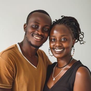 A Nigerian couple enjoys a close moment, their casual yet elegant attire adding to the intimacy of the scene. Their mutual affection is palpable in their contented smiles