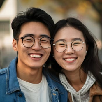 A young Chinese couple shares a joyful moment on an autumn day, basking in the golden light. Their bright smiles and clear glasses reflect their warm connection