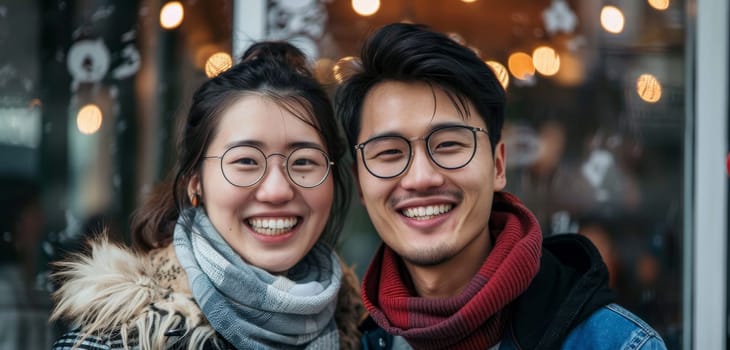 A cheerful Chinese couple wearing glasses smiles outside a cafe, with warm lights creating a cozy atmosphere. Their shared happiness is palpable in the cool weather