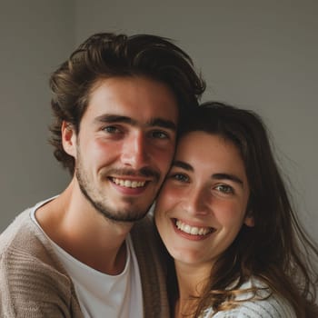 A casual yet fashionable French couple embraces in a soft-lit room, sharing a connection that's both relaxed and intimate