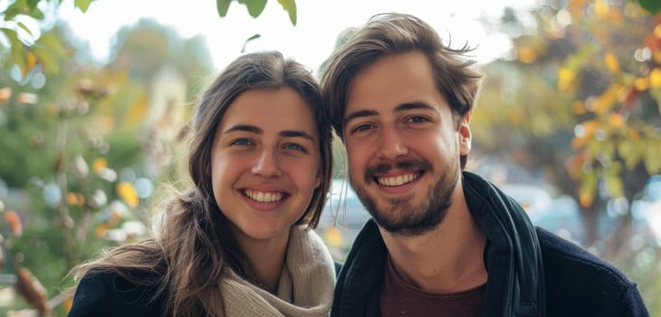 A French couple beams with joy amidst autumn leaves, their smiles as vibrant as the foliage around them