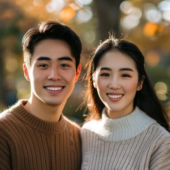 A Chinese couple shares a serene moment, bathed in the soft glow of autumn light. Their coordinated knitwear offers a cozy contrast to the crisp air