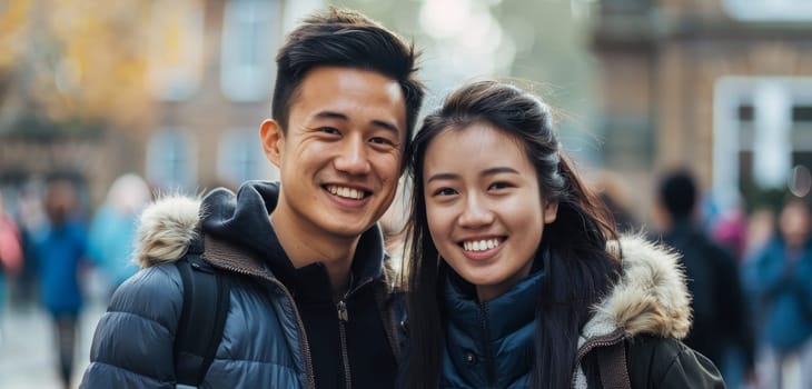 Bundled in winter gear, a Chinese couple's closeness radiates warmth on a chilly day. Their joyful expressions capture the essence of a loving relationship in the cold season