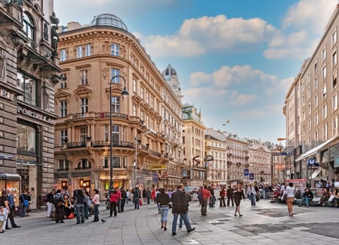 Vienna, Austria - April 22, 2009: people go shopping in the Graben street, a pedestrian zone in Vienna with expensive luxury shops.