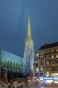 Vienna, Austria - November 5, 2009:  Vienna - view to St. Stephen's cathedral illuminated by night.