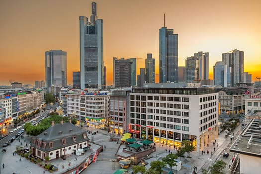 Frankfurt, Germany - September 26, 2009: view to skyline of Frankfurt with pedestrian zone Zeil narrow Roemer square in Frankfurt, Germany.