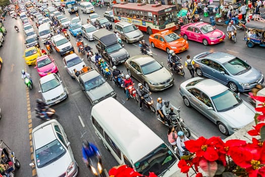 Bangkok, Thailand - December 22, 2009: traffic jam at the sukhumvit road, a big shopping street  in Bangkok, Thailand.