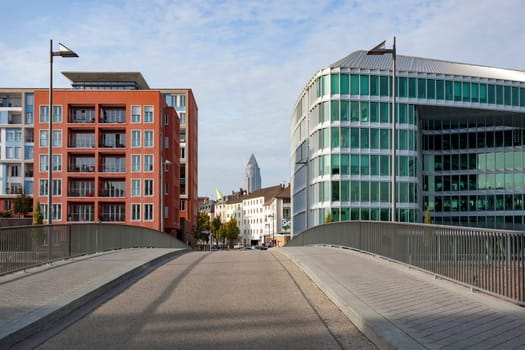 Frankfurt, Germany - October 21, 2009: downtown view at Main bridge to Messe tower in Frankfurt.