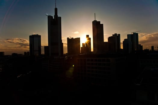 Frankfurt, Germany - February 20, 2010: sunset with skyscraper in Frankfurt downtown