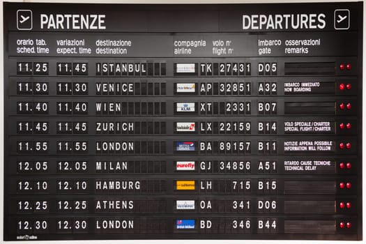New York, USA - July 10, 2010: old departure board with flights in english and italian as design object.