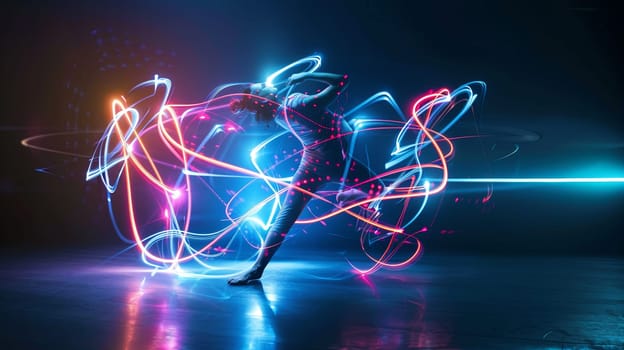 A person is energetically dancing on a vibrant dance floor, surrounded by streaks of colorful light creating a mesmerizing painting effect as they move. The individuals movements leave trails of light, blending with the music and creating a dynamic and visually captivating scene.