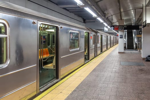 New York, USA - July 9, 2010: metro stops at station south ferry without people on platform, New York.