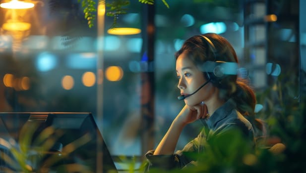 Beautiful asian call center operator wearing headset working at night.